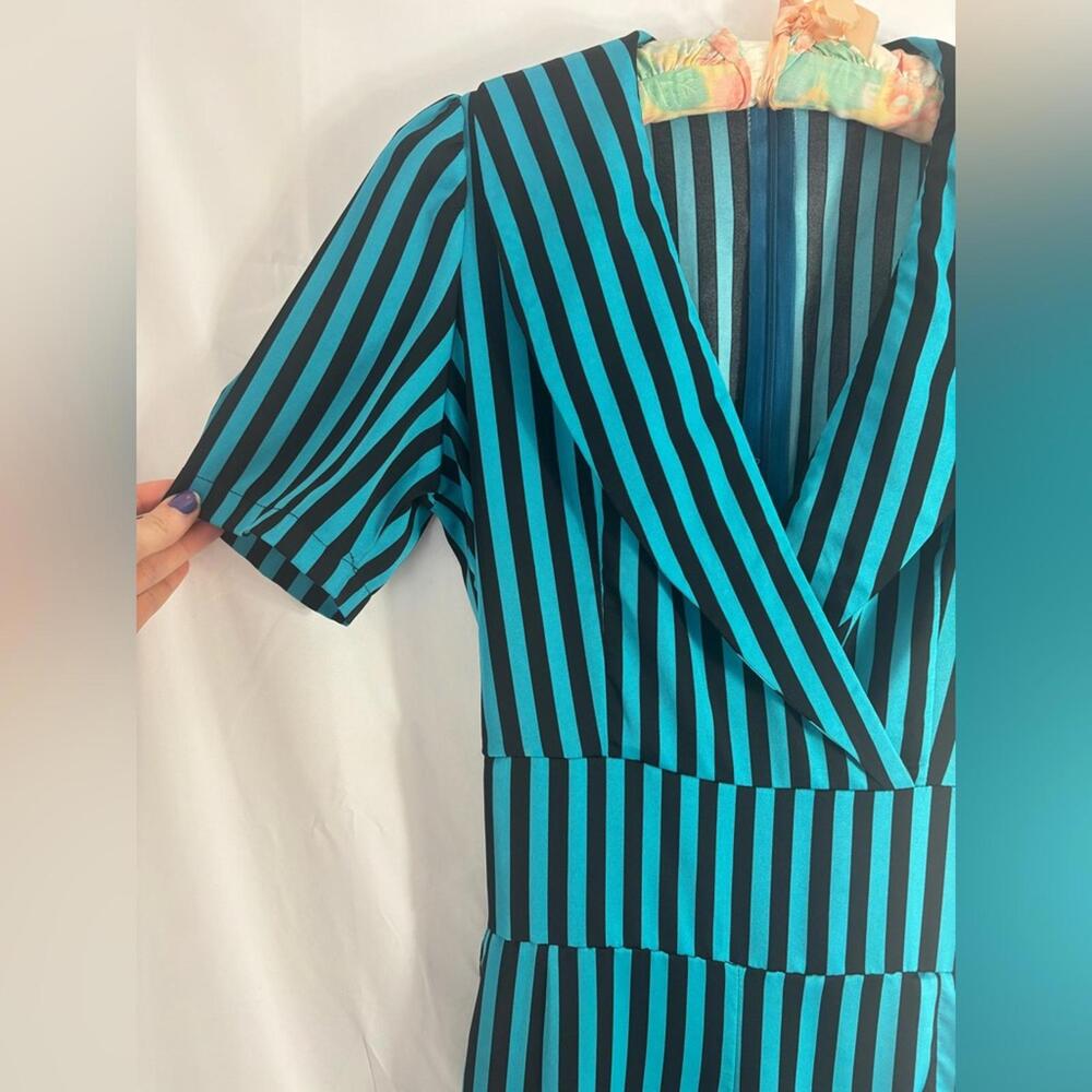 Striped Turquoise+Black Wide Leg Collar Slight Puff Sleeve Retro Jumpsuit Size M - Picture 4 of 9